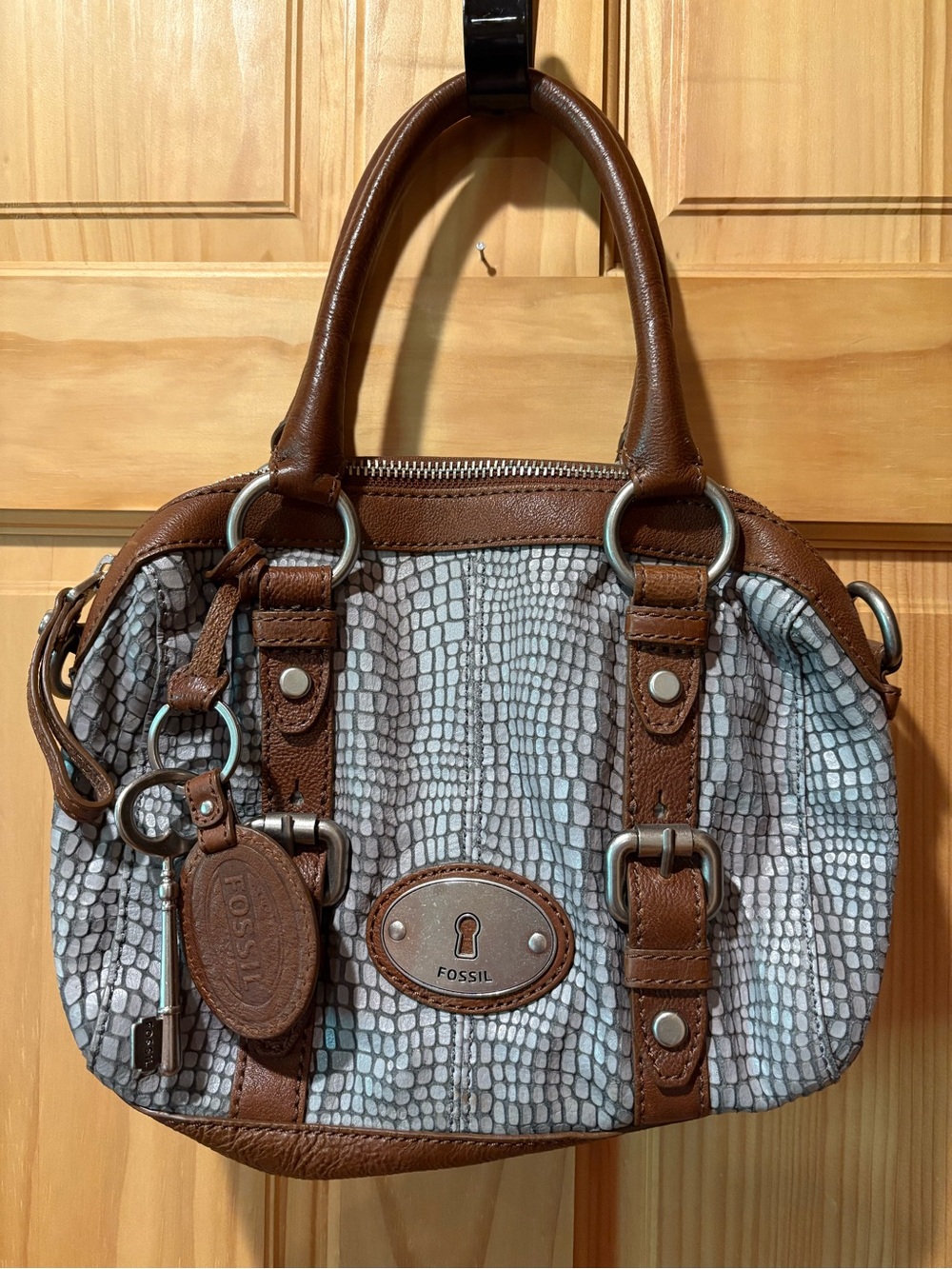 Fossil Maddox Snakeskin Embossed Leather Satchel grey brown